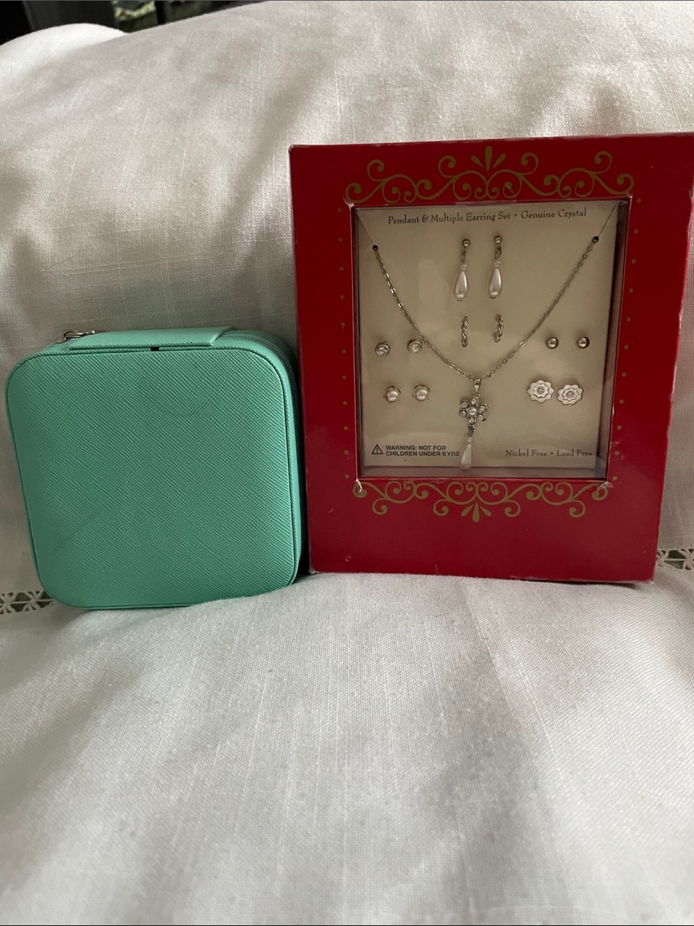 SterlingCrystal Pendant & Earring Set Turquoise Mini Travel Jewelry Case NEW